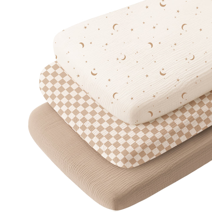 Konssy 3 Pack Muslin Bassinet Sheets for Baby Girls Boys, 35"x20" 100% Cotton, Soft Bassinet Mattress Sheets, Fits Baby Delight, Dream on Me, Rectangle Bedside Mattresses