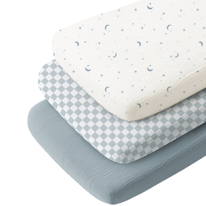Konssy 3 Pack Muslin Bassinet Sheets for Baby Girls Boys, 35"x20" 100% Cotton, Soft Bassinet Mattress Sheets, Fits Baby Delight, Dream on Me, Rectangle Bedside Mattresses