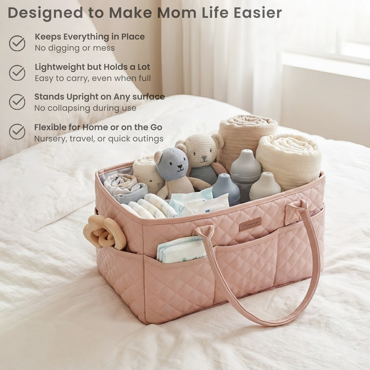 Konssy Floral Quilted Diaper Caddy Organizer, Diaper Caddy Basket with Vegan Leather Handles