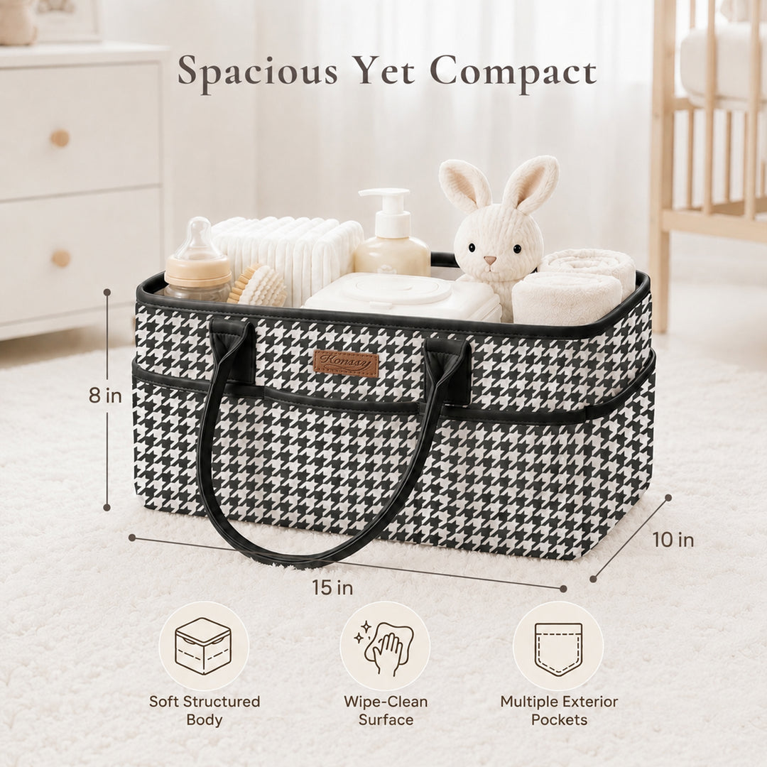 Konssy Quilted Diaper Caddy Organizer, Diaper Caddy Basket with Vegan Leather Handles, Water-Repellent Nursery Storage Basket, Portable Car Organizer, Registry Search Must Haves