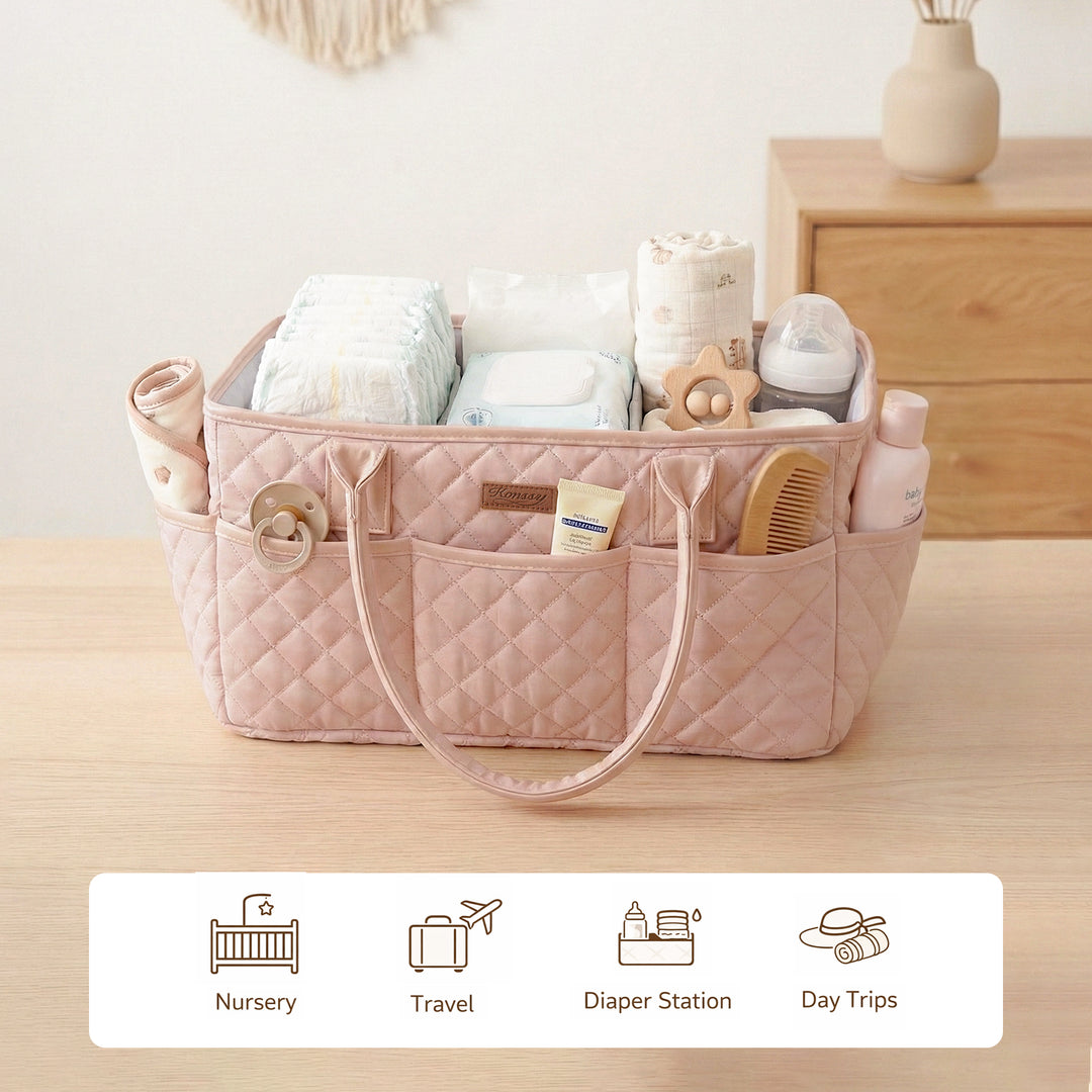 Konssy Floral Quilted Diaper Caddy Organizer, Diaper Caddy Basket with Vegan Leather Handles