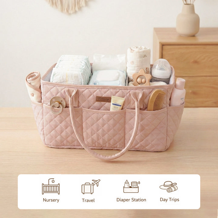 Konssy Floral Quilted Diaper Caddy Organizer, Diaper Caddy Basket with Vegan Leather Handles