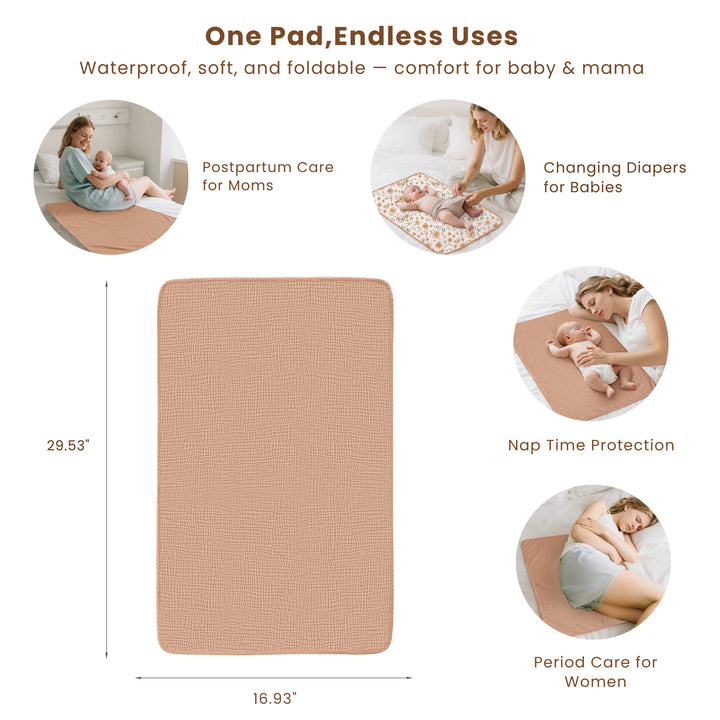 Konssy Muslin Cotton Diaper Changing Pad 2 Pack 30"x 17", Waterproof Portable Baby Changing Mat with Terry Backing, Soft & Foldable Travel Pad, Shower Gift for Newborn Girls Boys