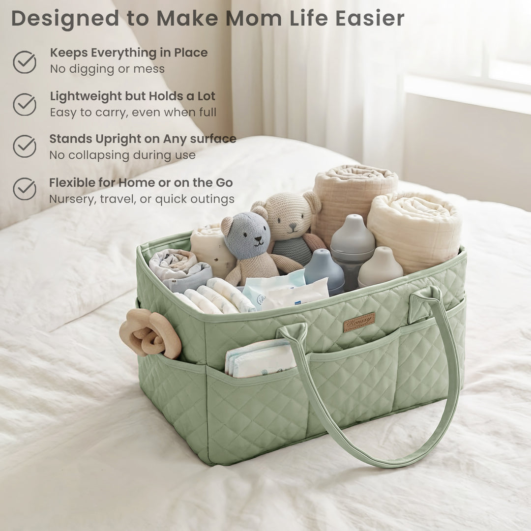 Konssy Quilted Diaper Caddy Organizer, Diaper Caddy Basket with Vegan Leather Handles, Water-Repellent Nursery Storage Basket, Portable Car Organizer, Registry Search Must Haves (Fog Green)