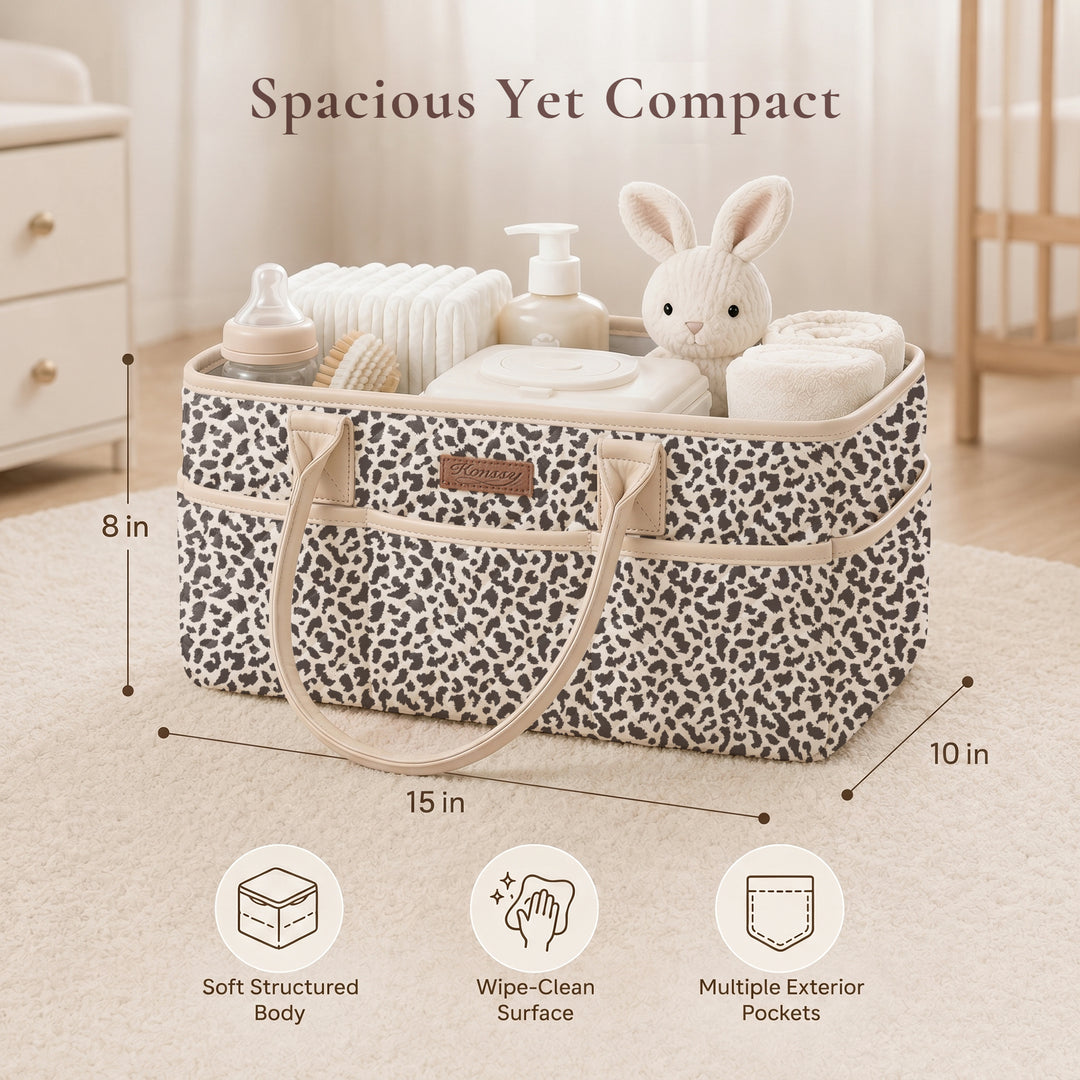 Konssy Quilted Diaper Caddy Organizer, Diaper Caddy Basket with Vegan Leather Handles, Water-Repellent Nursery Storage Basket, Portable Car Organizer, Registry Search Must Haves
