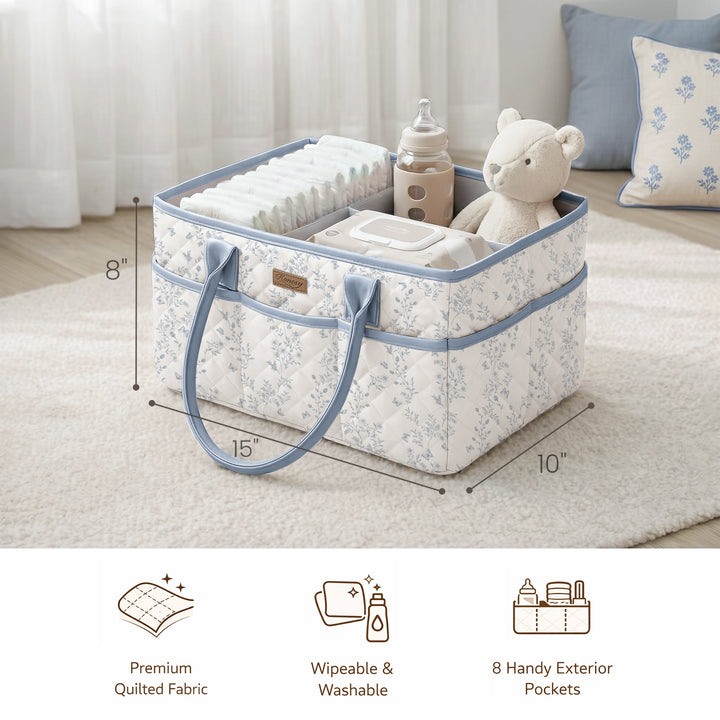 Konssy Quilted Diaper Caddy Organizer, Diaper Caddy Basket with Vegan Leather Handles, Water-Repellent Nursery Storage Basket, Portable Car Organizer, Registry Search Must Haves