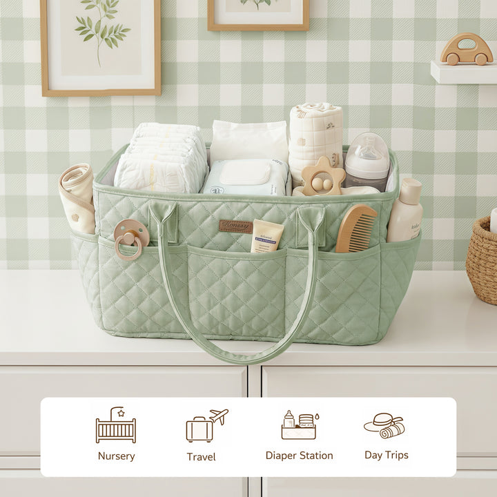 Konssy Quilted Diaper Caddy Organizer, Diaper Caddy Basket with Vegan Leather Handles, Water-Repellent Nursery Storage Basket, Portable Car Organizer, Registry Search Must Haves (Fog Green)
