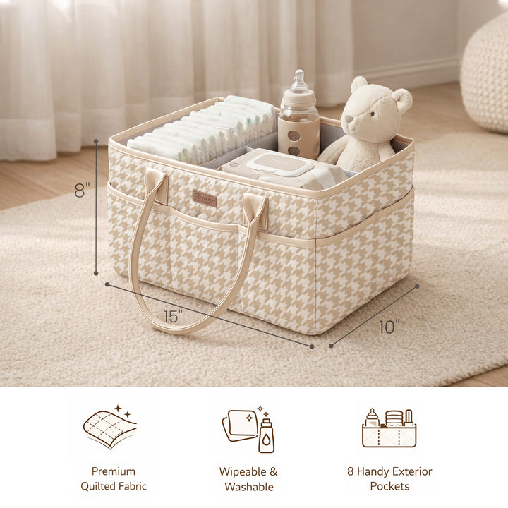 Konssy Quilted Diaper Caddy Organizer, Diaper Caddy Basket with Vegan Leather Handles, Water-Repellent Nursery Storage Basket, Portable Car Organizer, Registry Search Must Haves