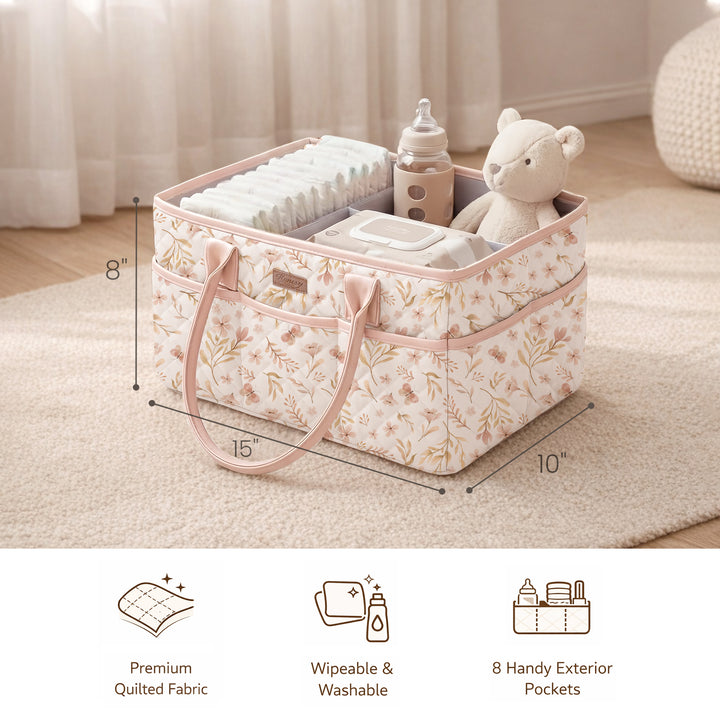 Konssy Quilted Diaper Caddy Organizer, Diaper Caddy Basket with Vegan Leather Handles, Water-Repellent Nursery Storage Basket, Portable Car Organizer, Registry Search Must Haves