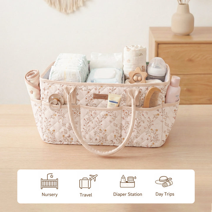 Konssy Floral Quilted Diaper Caddy Organizer, Diaper Caddy Basket with PU Leather Handles, Water-Repellent Nursery Storage Basket, Portable Car Organizer, Registry Search Must Haves (Floral)
