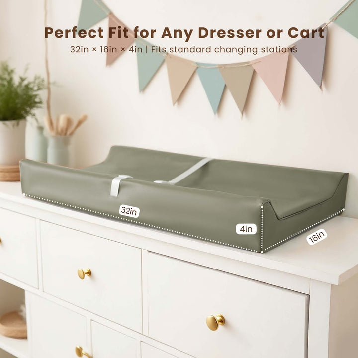 Konssy Vegan Leather Changing Pad Cover for Baby Girls Boys, 2 Pack Waterproof & Wipe-Clean Diaper Chang Table Covers, Soft Changing Pad Sheets (Fog Green,Beige)