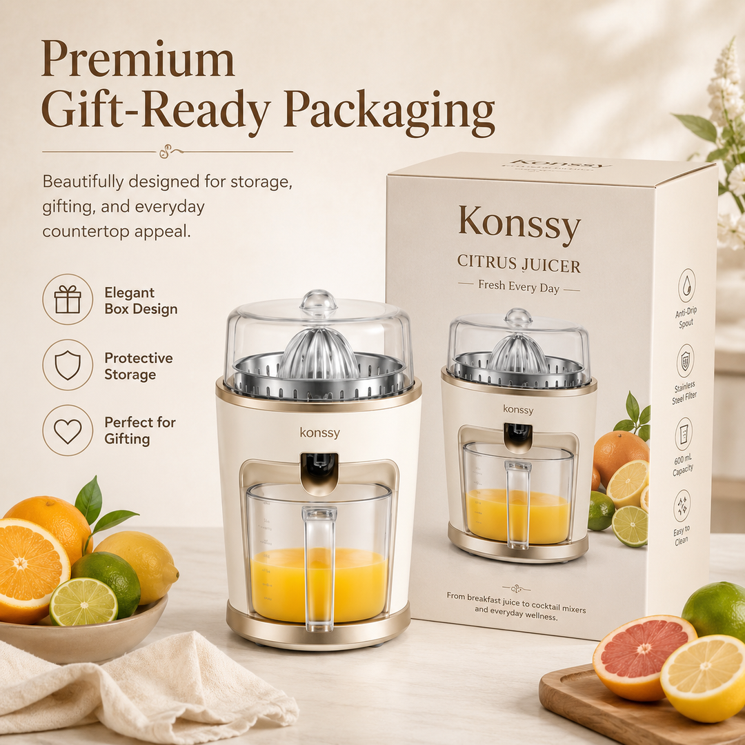 Konssy Electric Citrus Juicer Machine, Orange Lemon Lime Grapefruit Juice Extractor with 2 Reamer Sizes