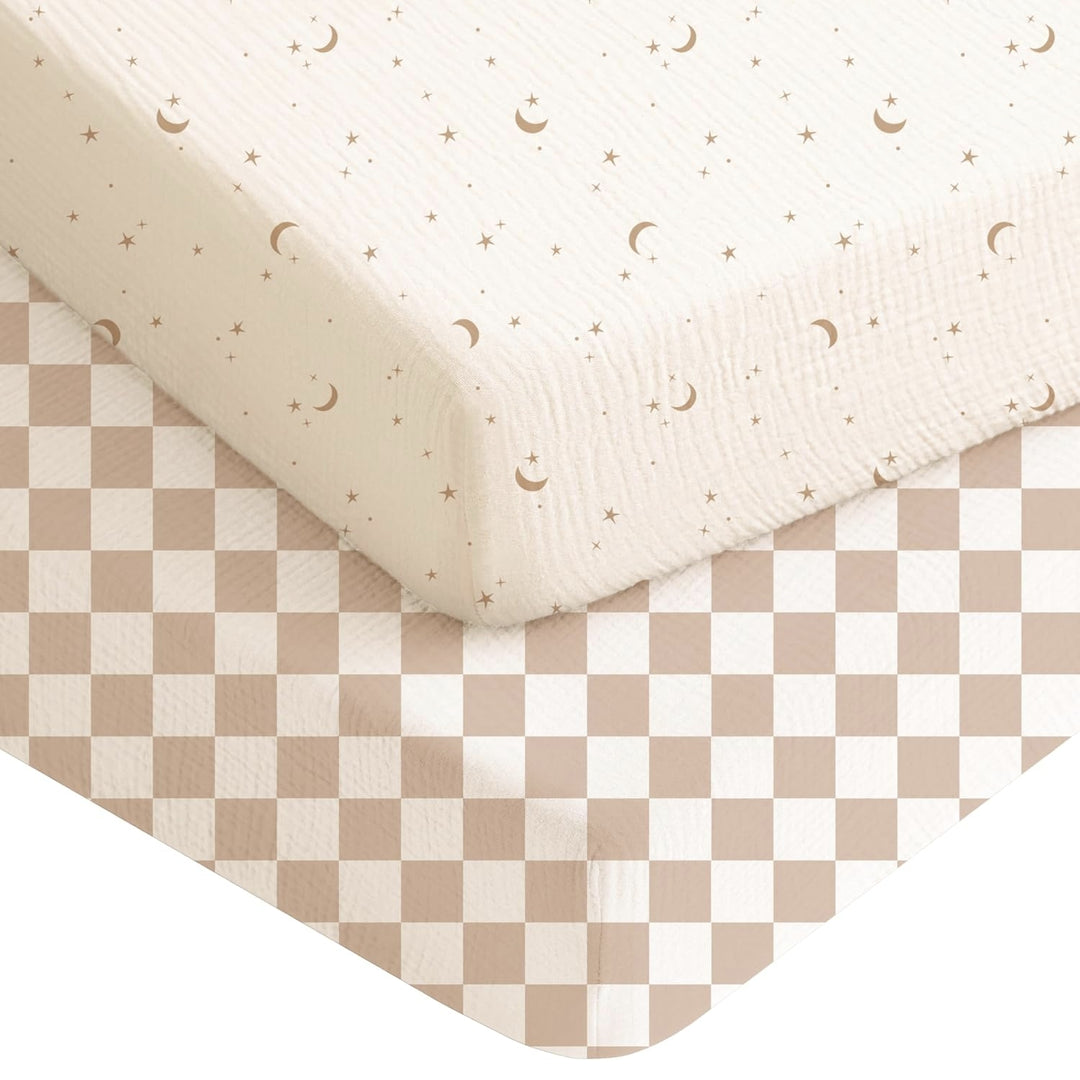 Konssy Muslin Crib Sheets for Boys, Soft Cotton Neutral Baby Sheets for Standard Crib Mattress 2 Pack, 52"x28" (Star,Blue)