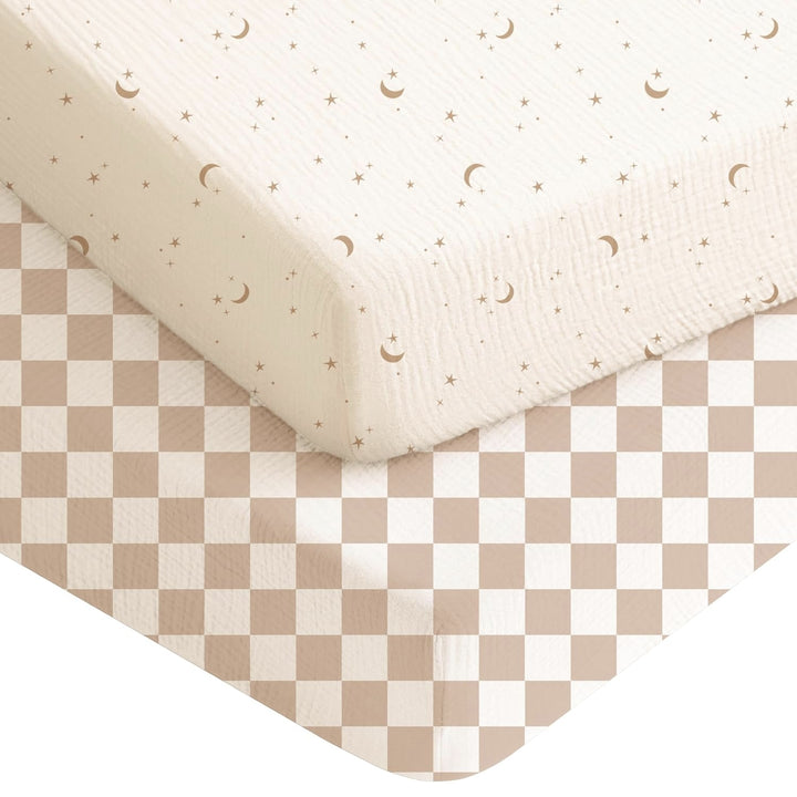 Konssy Muslin Crib Sheets for Boys, Soft Cotton Neutral Baby Sheets for Standard Crib Mattress 2 Pack, 52"x28" (Star,Blue)