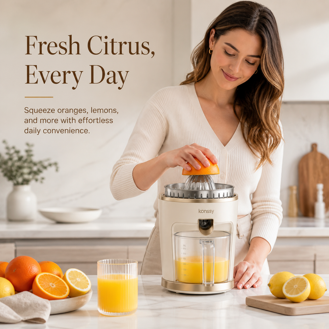 Konssy Electric Citrus Juicer Machine, Orange Lemon Lime Grapefruit Juice Extractor with 2 Reamer Sizes