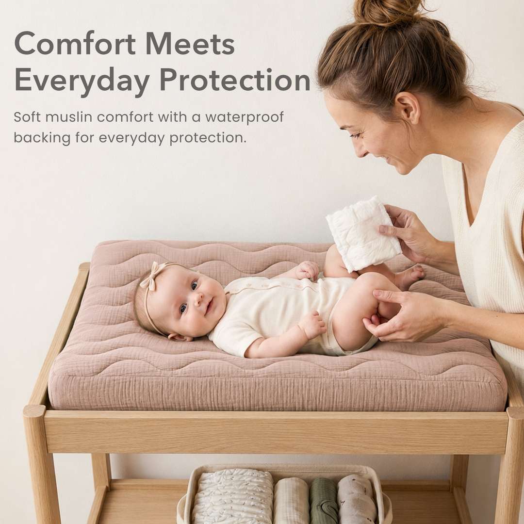 Konssy Waterproof Muslin Changing Pad Cover 2 Pack, 100% Cotton Quilted Diaper Changing Table Sheets, Soft Breathable Boho Nursery Bedding for Baby, Silent & Absorbent Standard Fit