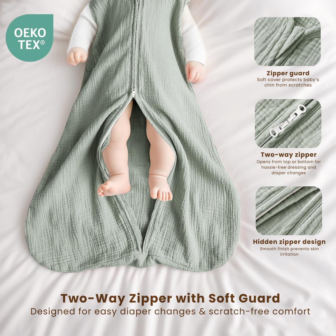 Konssy Muslin Baby Sleep Sack 0-6 Months 0.8 TOG, 2 Pack 100% Cotton Wearable Blanket for Babies, 2-Way Zipper Breathable Sleeping Sack Infant Toddler Essentials for Girls and Boys