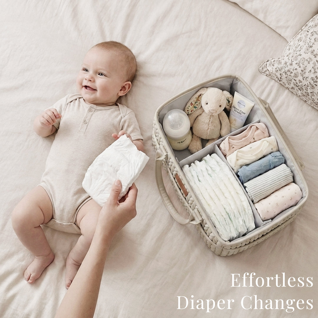 Konssy Baby Diaper Caddy Organizer, Braided Quilted Design with PU Handles | Water-Repellent, Portable Diaper Caddy Basket, Boho Nursery Organizer for Changing Table, Newborn Essentials