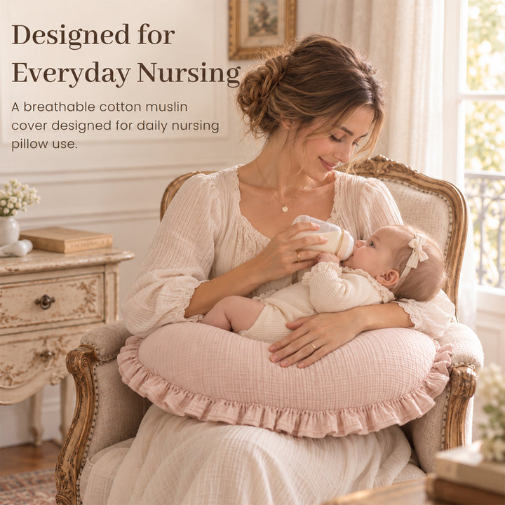 Konssy 100% Muslin Cotton Soft Nursing Pillow Covers with Ruffle Trim Covers Only, Breathable & Machine Washable Slipcover, Baby Breastfeeding Pillow Cover for Newborn Boys & Girls, in gift box