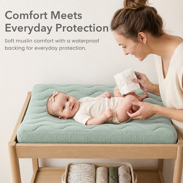Konssy Waterproof Muslin Changing Pad Cover 2 Pack, 100% Cotton Quilted Diaper Changing Table Sheets, Soft Breathable Boho Nursery Bedding for Baby, Silent & Absorbent Standard Fit