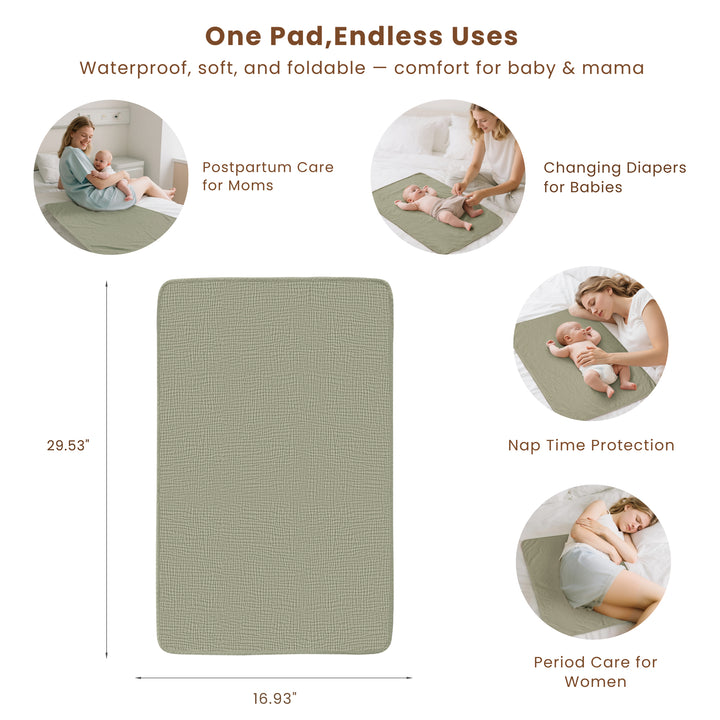 Konssy 2 Pack Waterproof Muslin Cotton Portable Changing Pad 30"x 17", Soft & Foldable Baby Changing Mat Travel Pad with Terry Backing, Shower Gift for Newborn Girls Boys