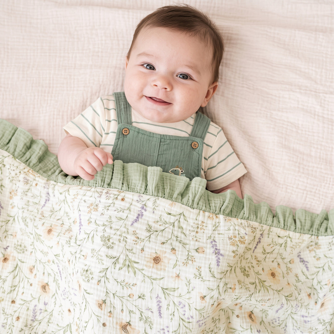 Konssy 100% Cotton Muslin Baby Blanket with Ruffle Trim for Girls, 43"x39" Reversible Design, Ultra Soft & Lightweight, for Swaddling, Crib, Stroller & Nursery Use, from Newborn to Toddler