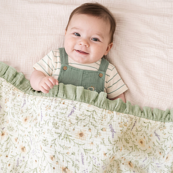 Konssy 100% Cotton Muslin Baby Blanket with Ruffle Trim for Girls, 43"x39" Reversible Design, Ultra Soft & Lightweight, for Swaddling, Crib, Stroller & Nursery Use, from Newborn to Toddler