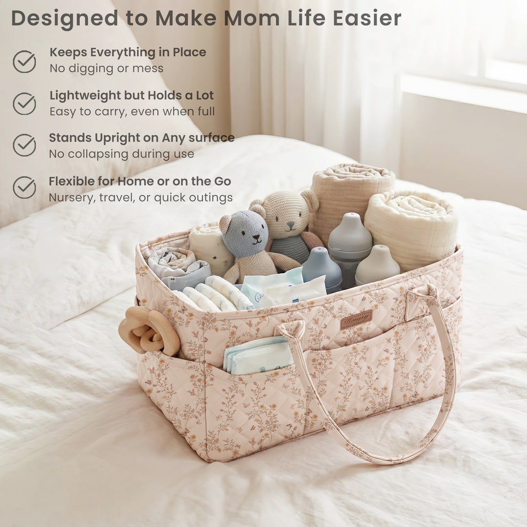 Konssy Floral Quilted Diaper Caddy Organizer, Diaper Caddy Basket with PU Leather Handles, Water-Repellent Nursery Storage Basket, Portable Car Organizer, Registry Search Must Haves (Floral)