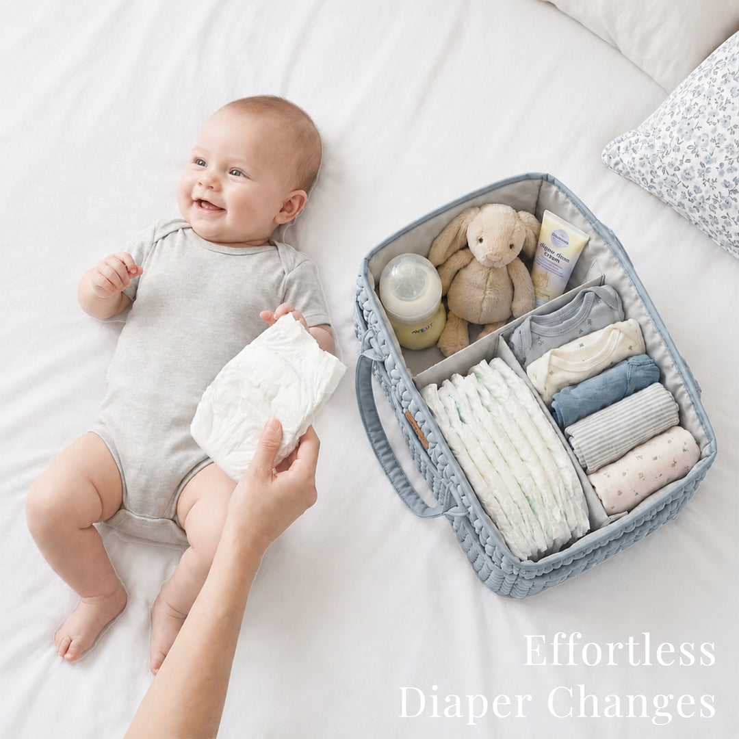 Konssy Baby Diaper Caddy Organizer, Braided Quilted Design with PU Handles | Water-Repellent, Portable Diaper Caddy Basket, Boho Nursery Organizer for Changing Table, Newborn Essentials