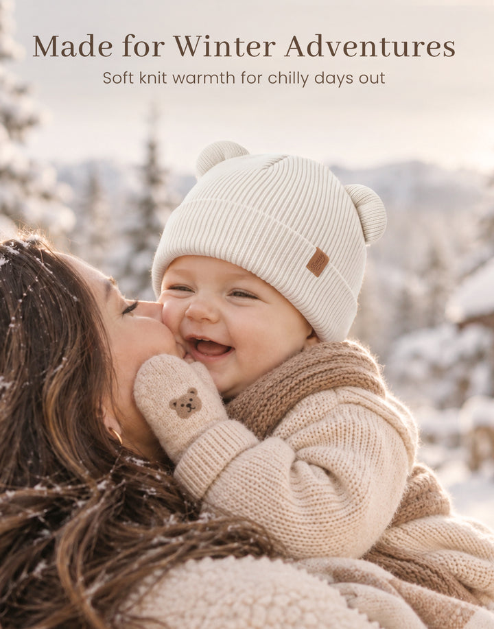 Konssy 4 Pack Baby Beanie with Bear Ear Warm Winter Hat for Newborn Infant Cozy Double-Layer Knitted Warm Cap, Extra-Soft Stretch Beanies, Multicolor Set, Baby Winter Hat for Boys and Girls 0-6 Months