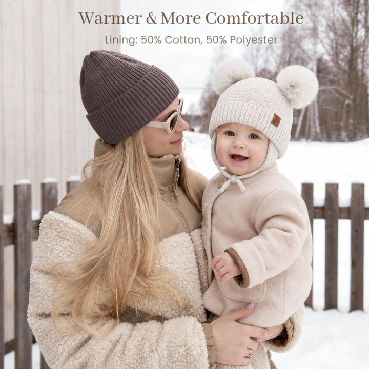 Konssy 2 Pack Baby Beanie Hat with Ear Flaps, Newborn Winter Hat 0-6 Months/60% Soft Cotton Lining to Help Retain Warmth, Secure Tie Closure, Comfy Double Pom-Pom Knit Winter Hat for Baby Boys Girls