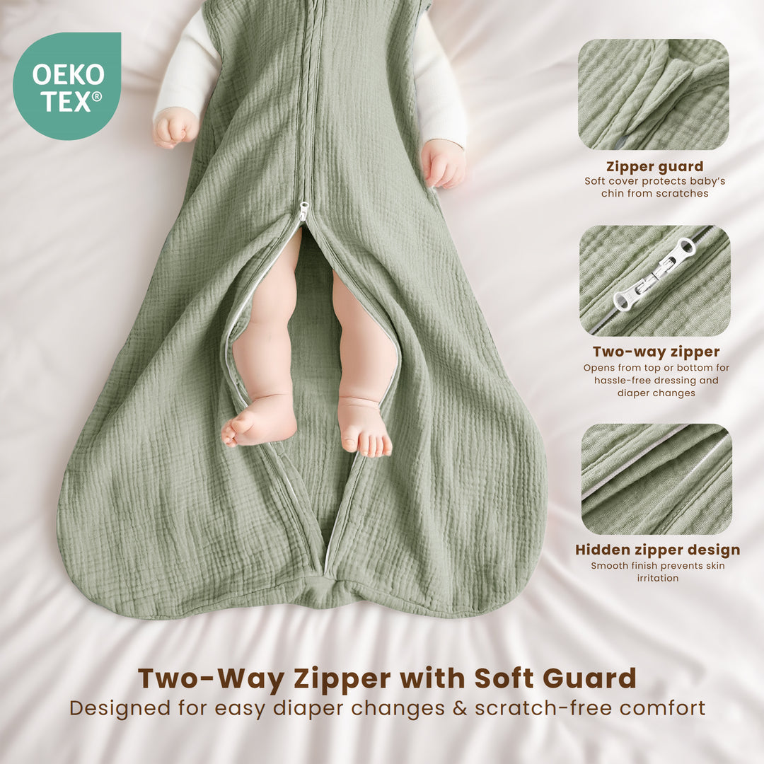 Konssy Muslin Baby Sleep Sack 0-6 Months 0.8 TOG, 2 Pack 100% Cotton Wearable Blanket for Babies, 2-Way Zipper Breathable Sleeping Sack Infant Toddler Essentials for Girls and Boys