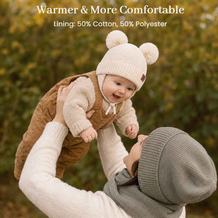 Konssy 2 Pack Baby Beanie Hat with Ear Flaps, Newborn Winter Hat 0-6 Months/60% Soft Cotton Lining to Help Retain Warmth, Secure Tie Closure, Comfy Double Pom-Pom Knit Winter Hat for Baby Boys Girls
