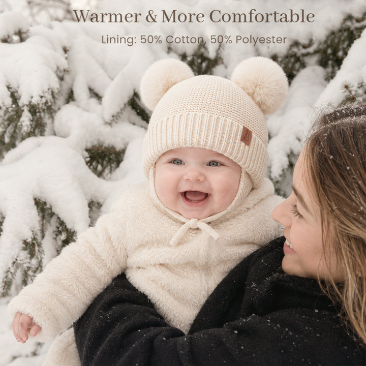 Konssy 2 Pack Baby Beanie Hat with Ear Flaps, Newborn Winter Hat 0-6 Months/60% Soft Cotton Lining to Help Retain Warmth, Secure Tie Closure, Comfy Double Pom-Pom Knit Winter Hat for Baby Boys Girls
