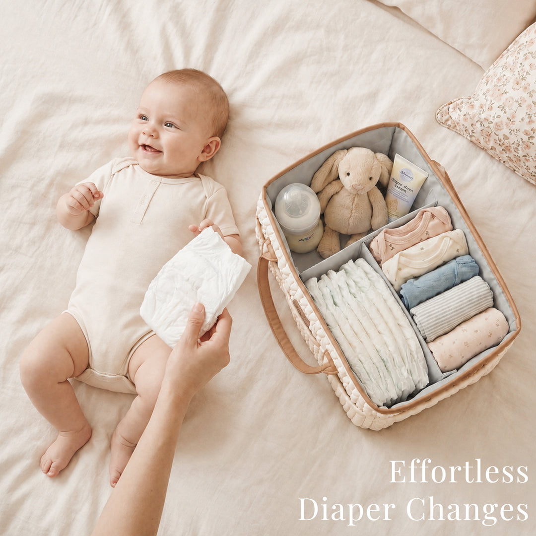 Konssy Baby Diaper Caddy Organizer, Braided Quilted Design with PU Handles | Water-Repellent, Portable Diaper Caddy Basket, Boho Nursery Organizer for Changing Table, Newborn Essentials