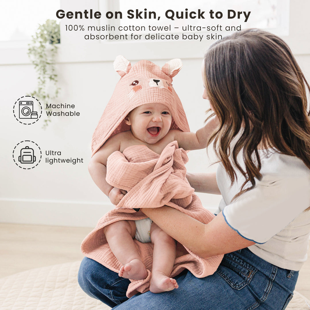 Konssy 2-Pack Muslin Baby Hooded Towels, 100% Cotton, Soft and Absorbent Baby Bath Towels for Newborn, Infant & Toddler with Animal Hooded Design