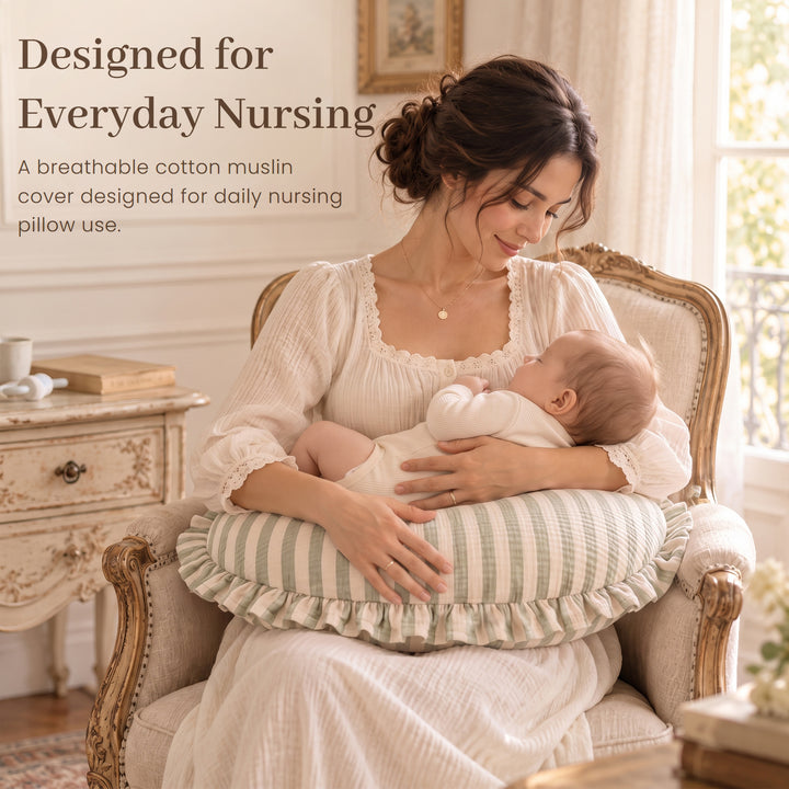 Konssy 100% Muslin Cotton Soft Nursing Pillow Covers with Ruffle Trim Covers Only, Breathable & Machine Washable Slipcover, Baby Breastfeeding Pillow Cover for Newborn Boys & Girls, in gift box