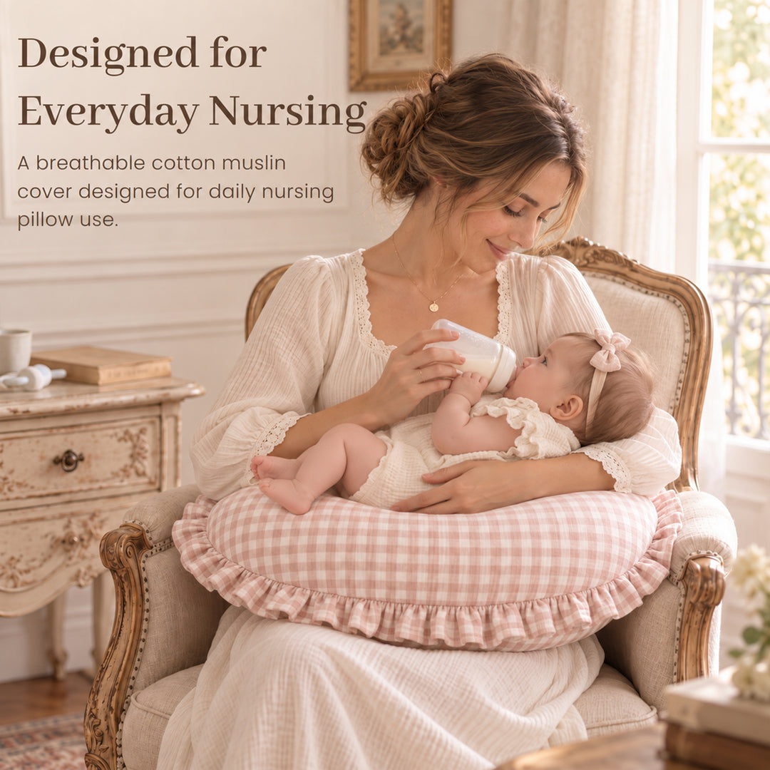 Konssy 100% Muslin Cotton Soft Nursing Pillow Covers with Ruffle Trim Covers Only, Breathable & Machine Washable Slipcover, Baby Breastfeeding Pillow Cover for Newborn Boys & Girls, in gift box