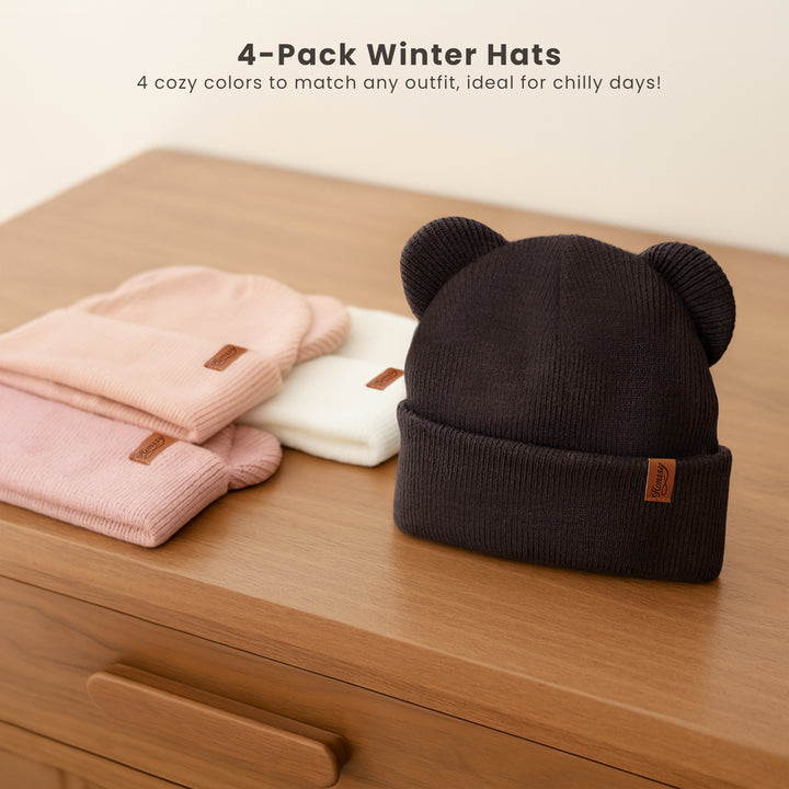 Konssy 4 Pack Baby Winter Hat with Bear Ears, Warm Rib Baby Knit Beanie for Newborns & Infants, Cozy Hat 0–6 Months