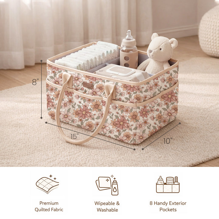 Konssy Quilted Diaper Caddy Organizer, Diaper Caddy Basket with Vegan Leather Handles, Water-Repellent Nursery Storage Basket, Portable Car Organizer, Registry Search Must Haves