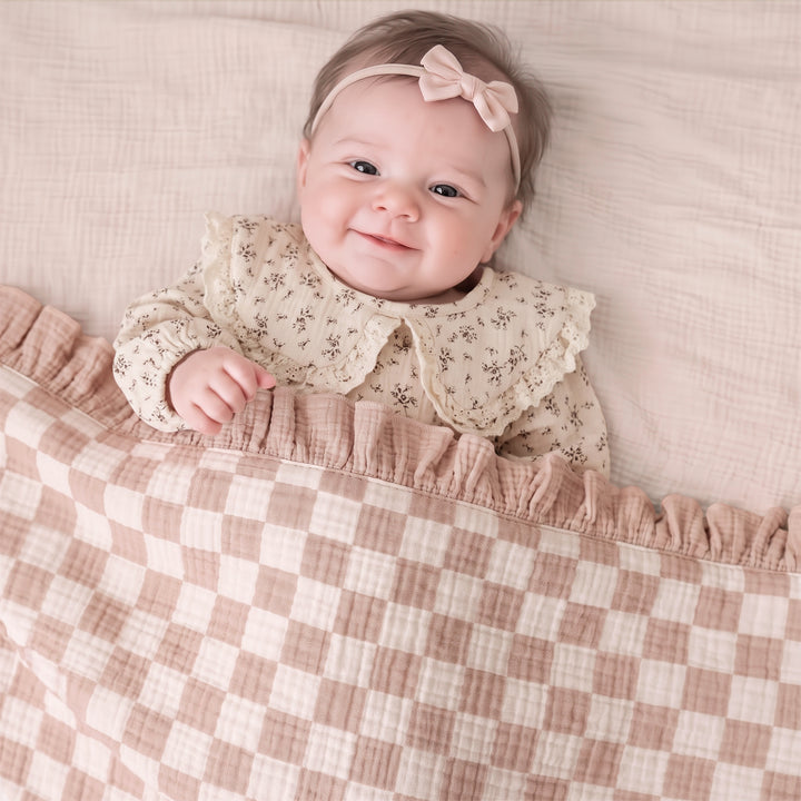 Konssy 100% Cotton Muslin Baby Blanket with Ruffle Trim for Girls, 43"x39" Reversible Design, Ultra Soft & Lightweight, for Swaddling, Crib, Stroller & Nursery Use, from Newborn to Toddler