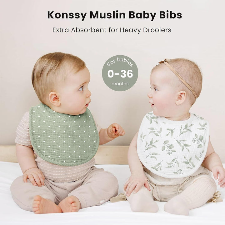 Konssy 8-Pack Muslin Baby Bibs, Adjustable Fit for Drooling and Teething Soft Absorbent, Drool Bibs for Baby Boys Girls, Cotton Front with Fleece Backing, Newborn to Toddler 0-36M