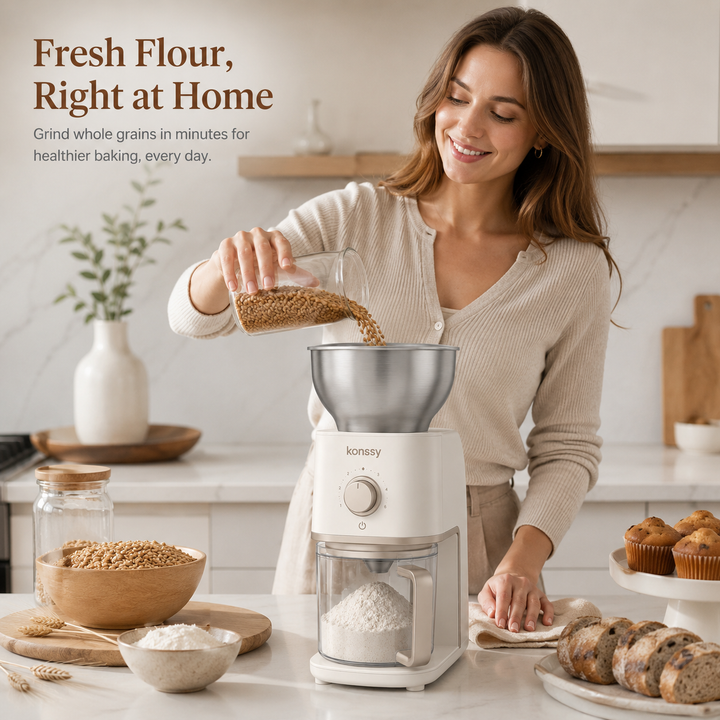 Konssy Electric Grain Mill Grinder, 6-Level Adjustable Flour Mill with Stainless Steel Hopper