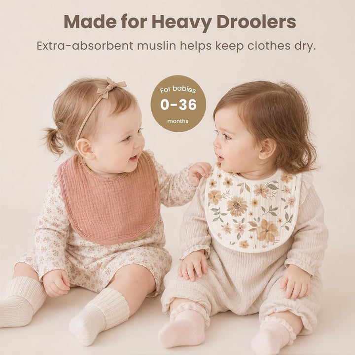 Konssy 8-Pack Muslin Baby Bibs, Adjustable Fit for Drooling and Teething Soft Absorbent, Drool Bibs for Baby Boys Girls, Cotton Front with Fleece Backing, Newborn to Toddler 0-36M