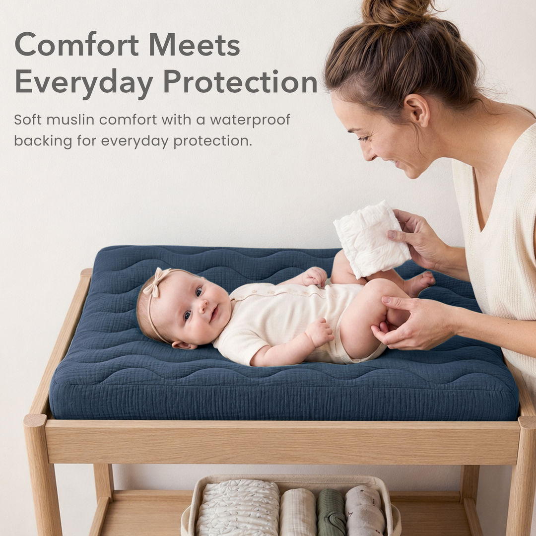 Konssy Waterproof Muslin Changing Pad Cover 2 Pack, 100% Cotton Quilted Diaper Changing Table Sheets, Soft Breathable Boho Nursery Bedding for Baby, Silent & Absorbent Standard Fit