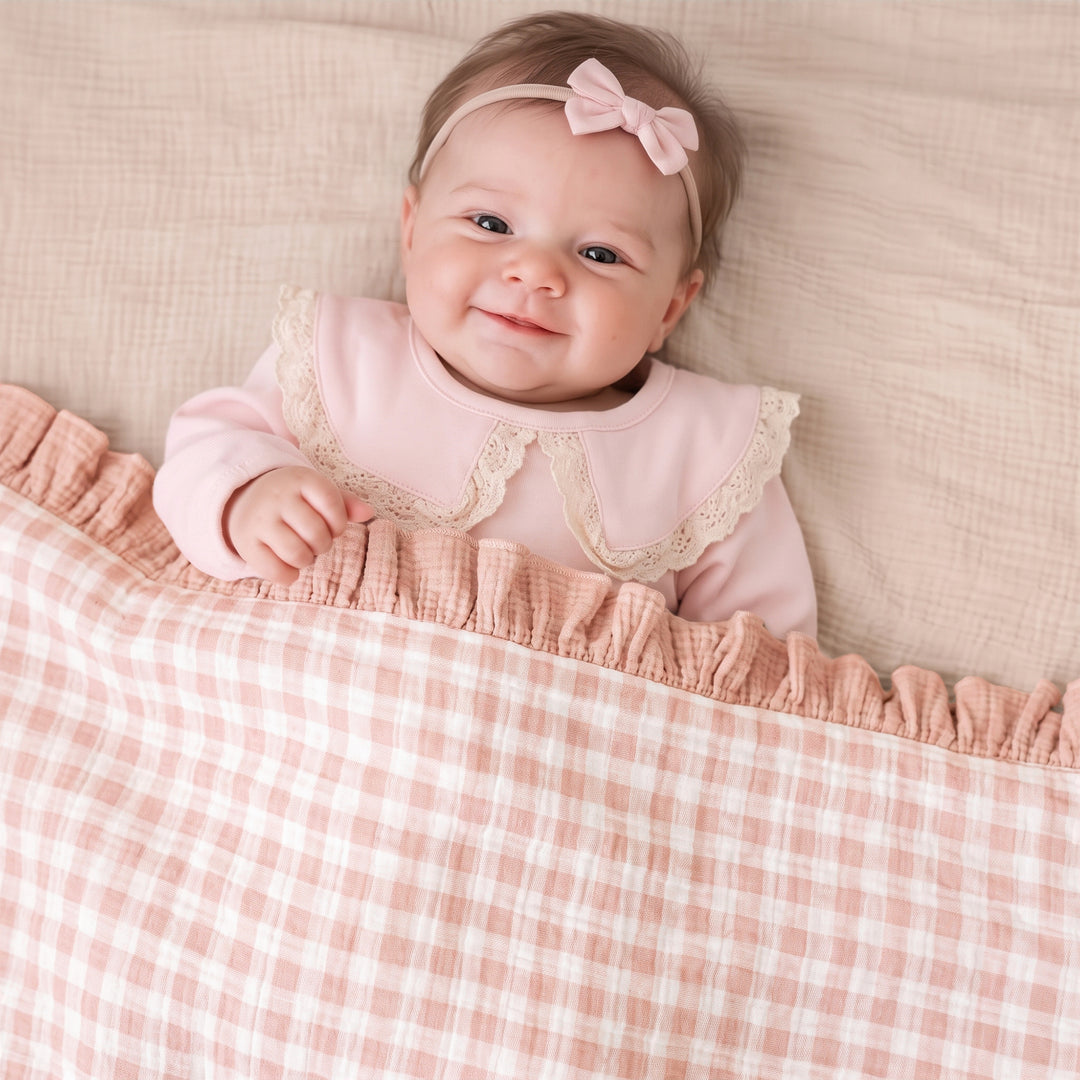 Konssy 100% Cotton Muslin Baby Blanket with Ruffle Trim for Girls, 43"x39" Reversible Design, Ultra Soft & Lightweight, for Swaddling, Crib, Stroller & Nursery Use, from Newborn to Toddler