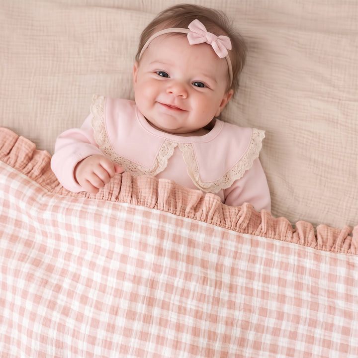 Konssy 100% Cotton Muslin Baby Blanket with Ruffle Trim for Girls, 43"x39" Reversible Design, Ultra Soft & Lightweight, for Swaddling, Crib, Stroller & Nursery Use, from Newborn to Toddler