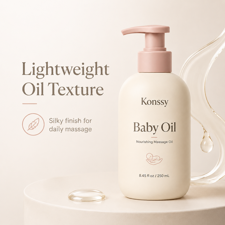 Konssy Baby Oil for Moisturizing and Massage, Lightweight Nourishing Massage Oil with Easy Pump, Daily Baby Skin Care Oil