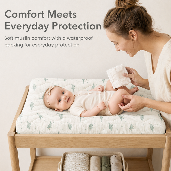 Konssy Waterproof Muslin Changing Pad Cover 2 Pack, 100% Cotton Quilted Diaper Changing Table Sheets, Soft Breathable Boho Nursery Bedding for Baby, Silent & Absorbent Standard Fit