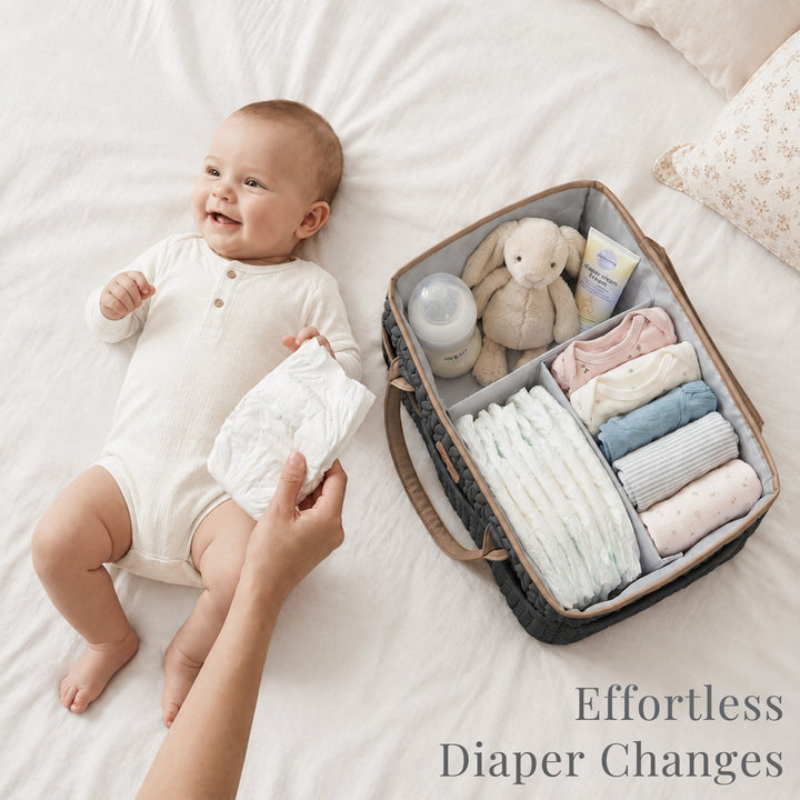 Konssy Baby Diaper Caddy Organizer, Braided Quilted Design with PU Handles | Water-Repellent, Portable Diaper Caddy Basket, Boho Nursery Organizer for Changing Table, Newborn Essentials